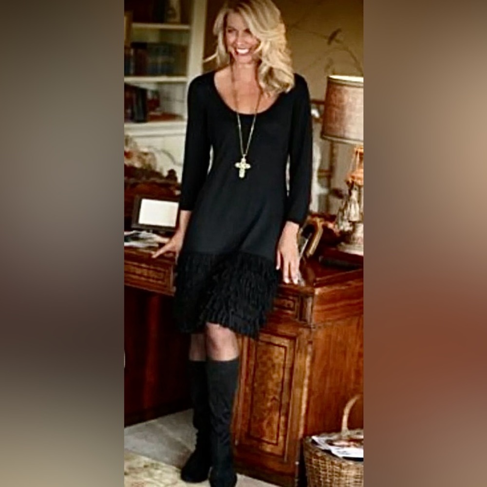 ♟️Soft Surroundings Theodora Sheath Tired Fringe Wool Blend Light Knit Dress. M